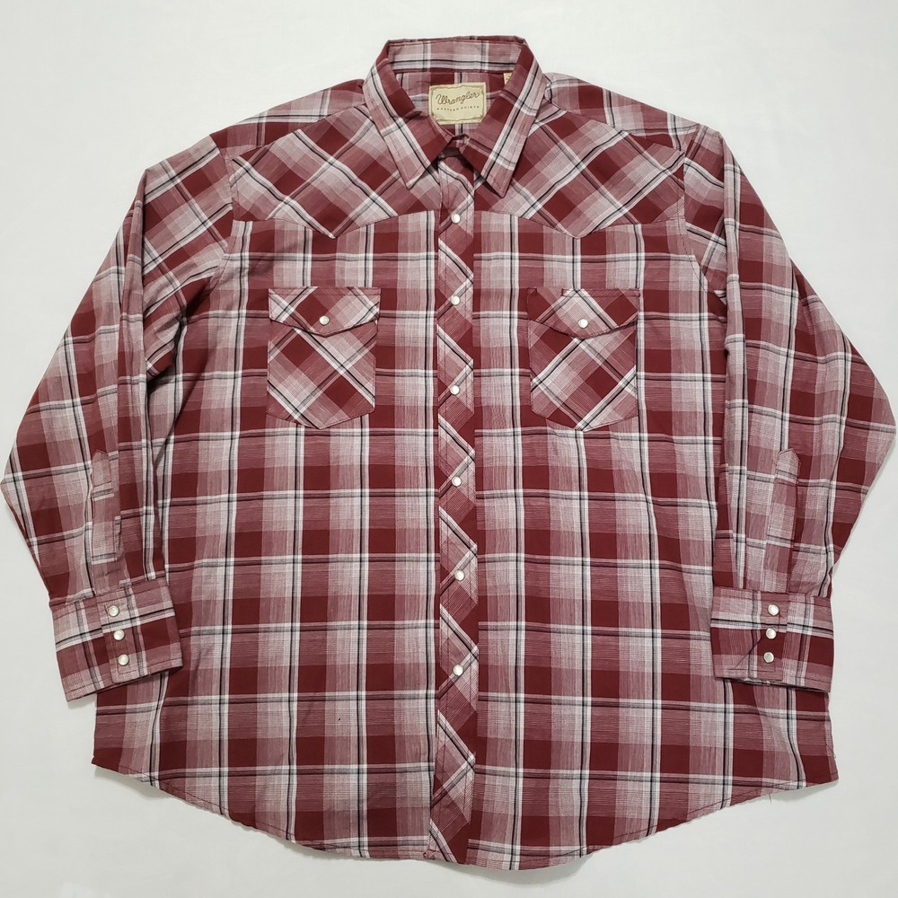 Wrangler Western Shirts Men's‎ 2XL Long Sleeve Plaid Pearl Snap Shirt Burgundy - Picture 2 of 13